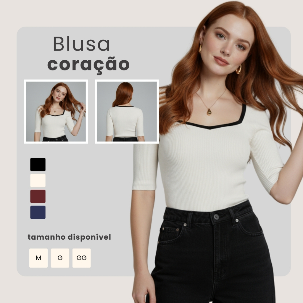 Blusa Feminina Acinturada Decote Coração Manga Curta Tecido Anarruga Premium M ao GG