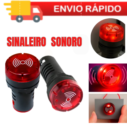 Sinaleiro Led Sonoro Cigarra Audiovisual Sinalizador , Sirene Emergência 220v 22mm