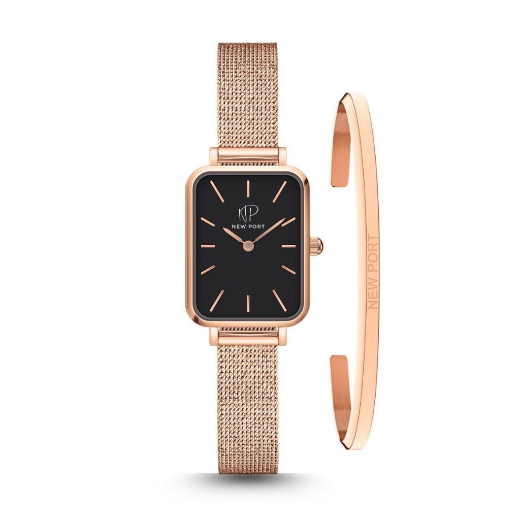 Relógio Quadrado Rosé Feminino Elegante Casual Analógico + Bracelete New Port Gold Rosé