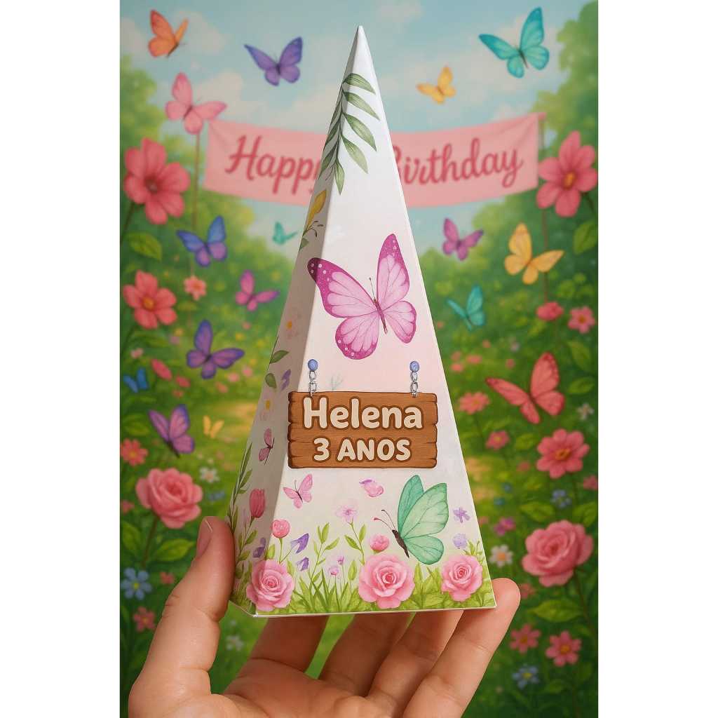 Caixa PIRÂMIDE BORBOLETAS | JARDIM ENCANTADO | PERSONALIZADA | Lembrancinha, Festa  | 5 e 10 unidades | Grande e Pequena