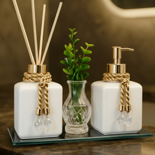 Kit  Lavabo Banheiro Frasco Cubo Aromatizador e Saboneteira 300ml Com Bandeja e Vaso Planta Decor em Oferta na Shopee