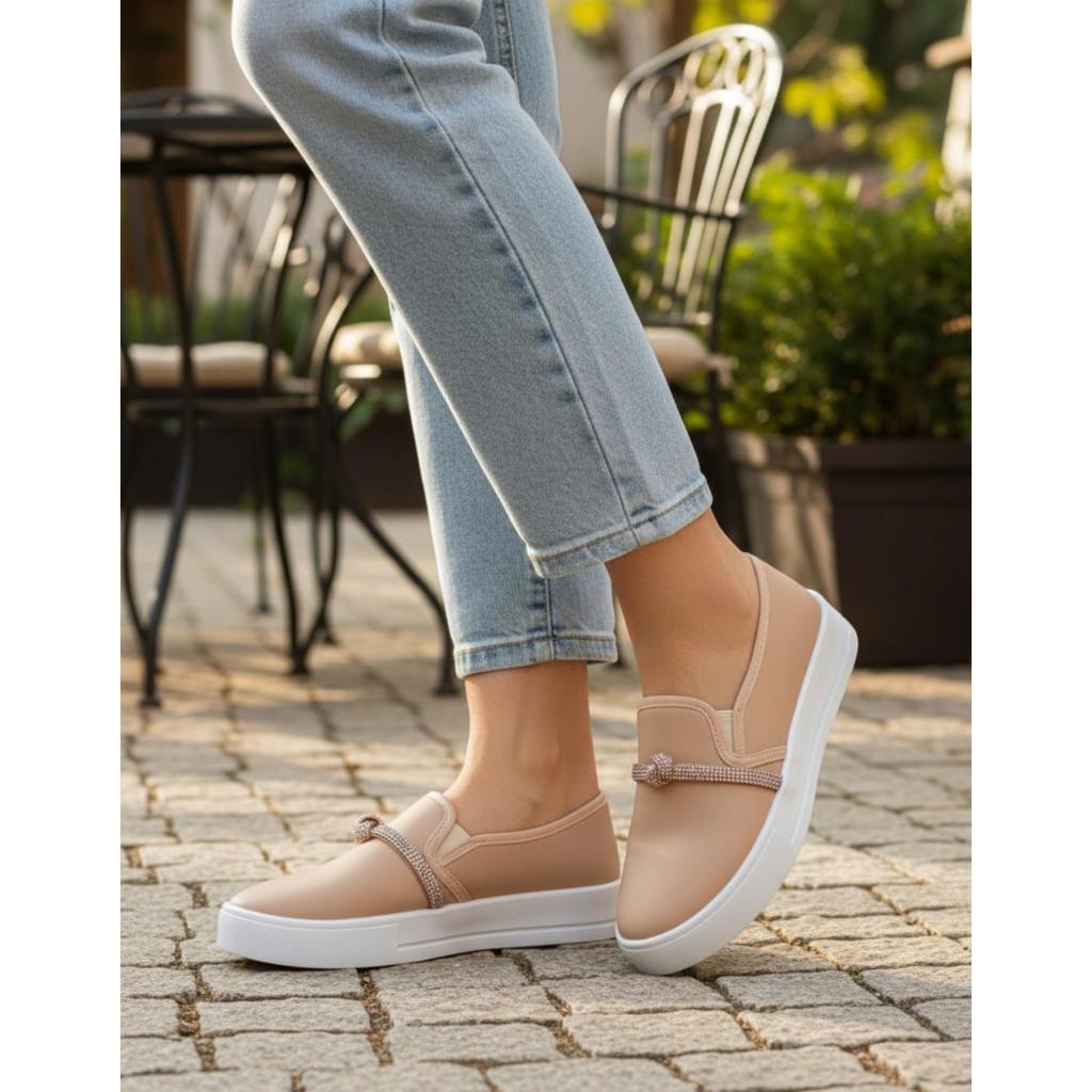 Tênis Feminino Slip On Stillus  Casual Iate Calce Fácil confortável Laço Strass