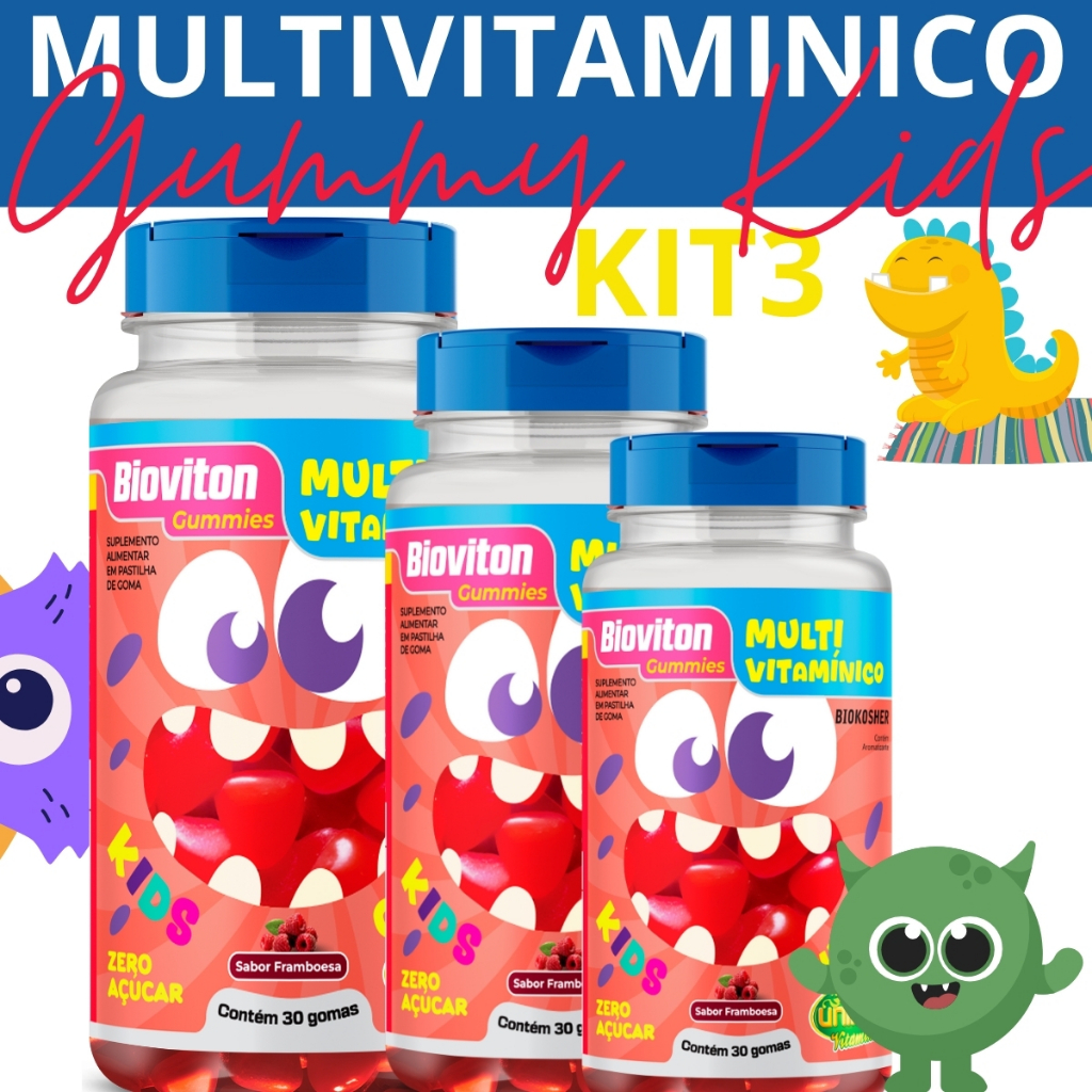 Kit 3 - Multivitaminico Kids 30 Gummy Infantil Framboesa - Unilife