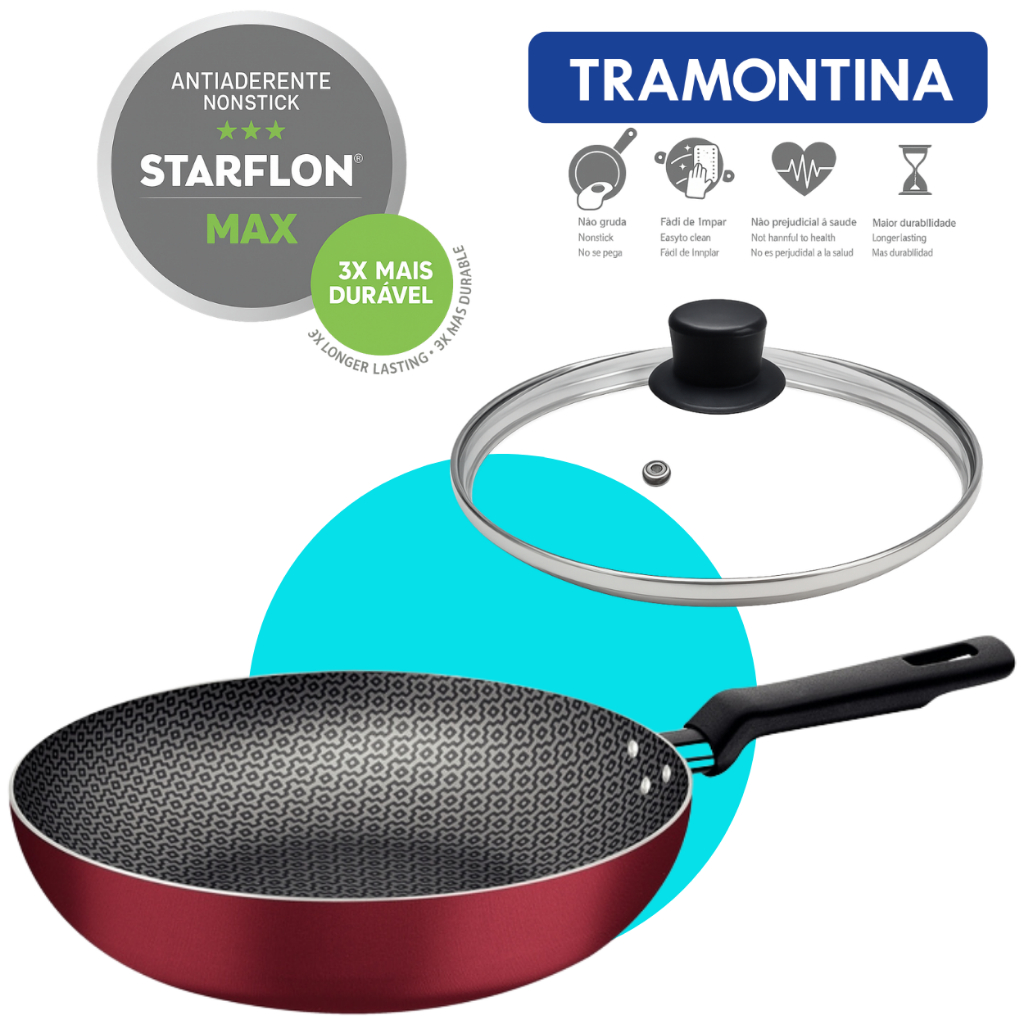 Frigideira Tramontina Loreto 28cm Com Tampa de Vidro Antiaderente Grande Não Gruda Starflon Max Profissional