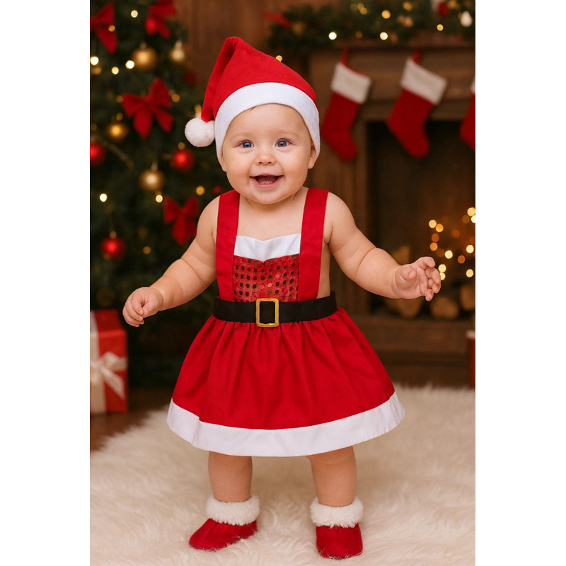Kit Vestido Bebê Menina Mamãe Noel Roupa de Bebê Natal Vermelho Jardineira Gorro Touca Body Mesversário