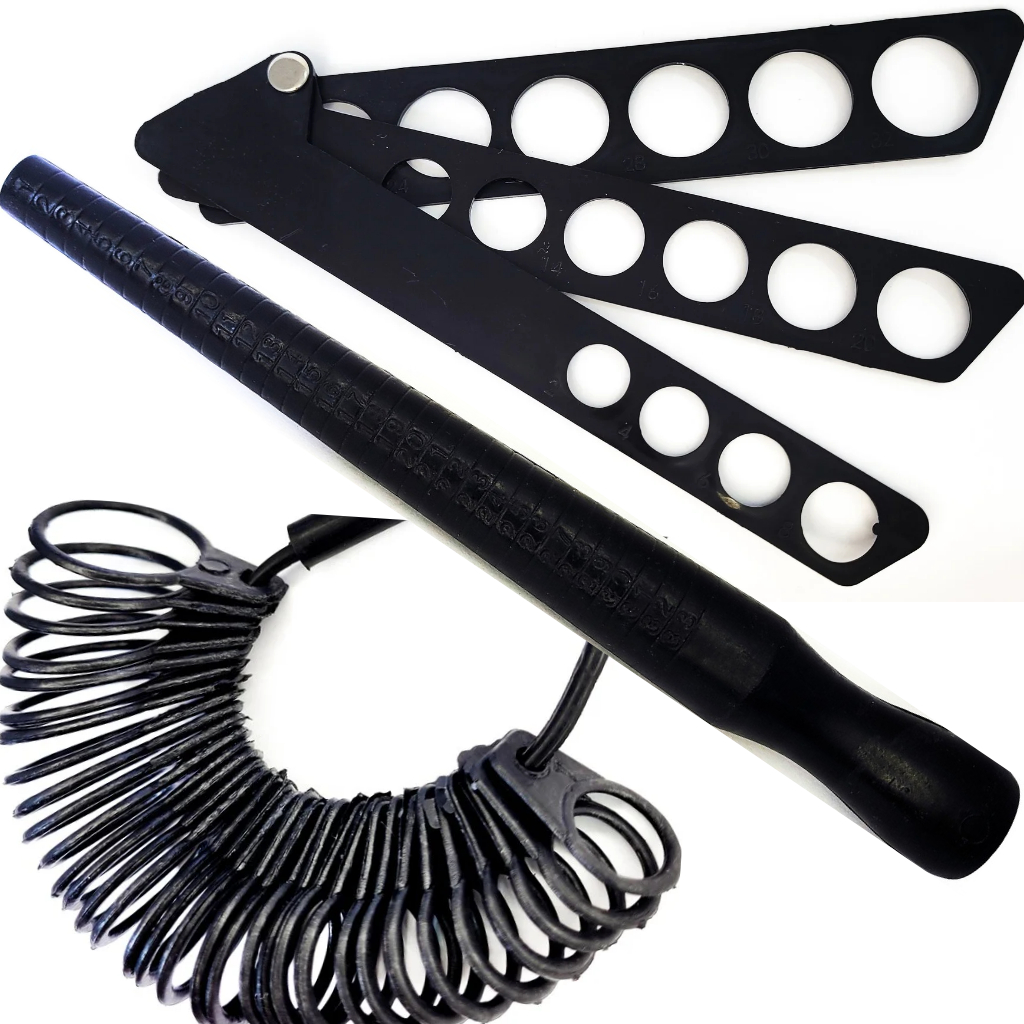 Kit Medidor de Anéis - Aneleira + Bastão + Régua Leque Tamanho 1 ao 33 Plástica Medidora Preto