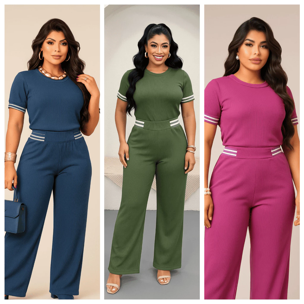 Conjunto Blusa e Calça Pantalona Detalhe no Punho e Cós Conjunto Tshirt Duas Cores Malha Canelada — imagem 1