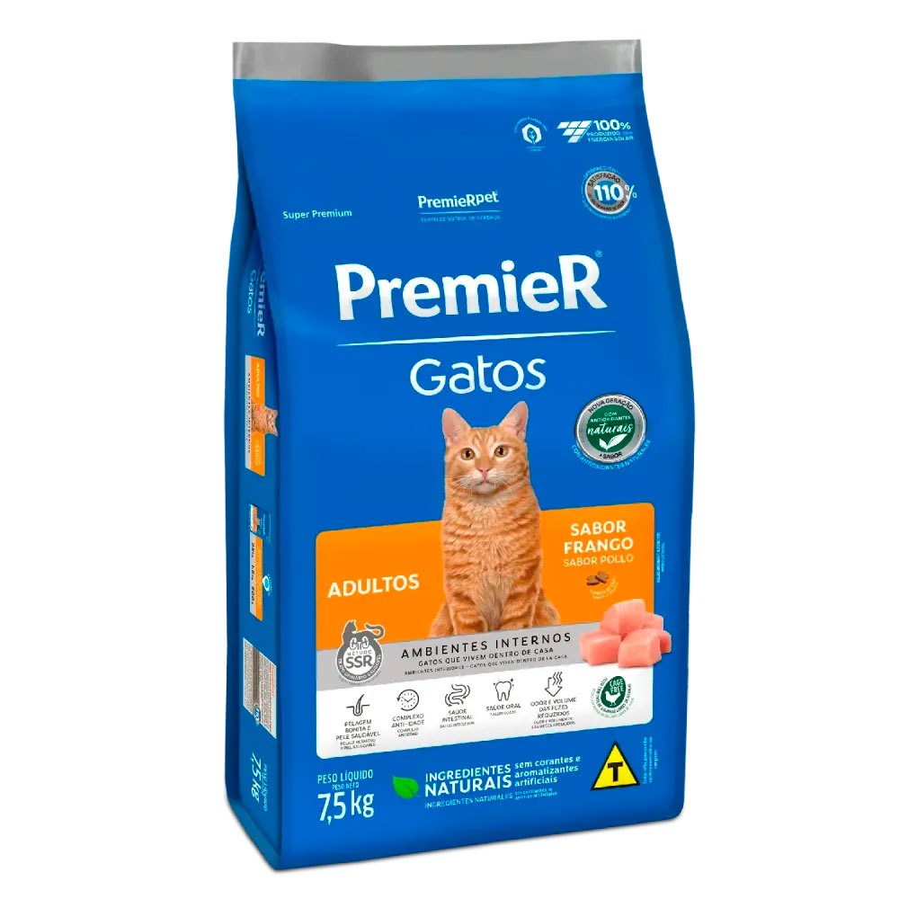 Ração Premier Ambientes Internos Gatos Adultos Frango 7,5kg
