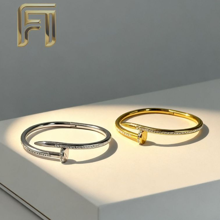 Bracelete Feminino Prego Dourado com Strass – Aço Inoxidável, Estilo Luxo Moderno em Oferta na Shopee