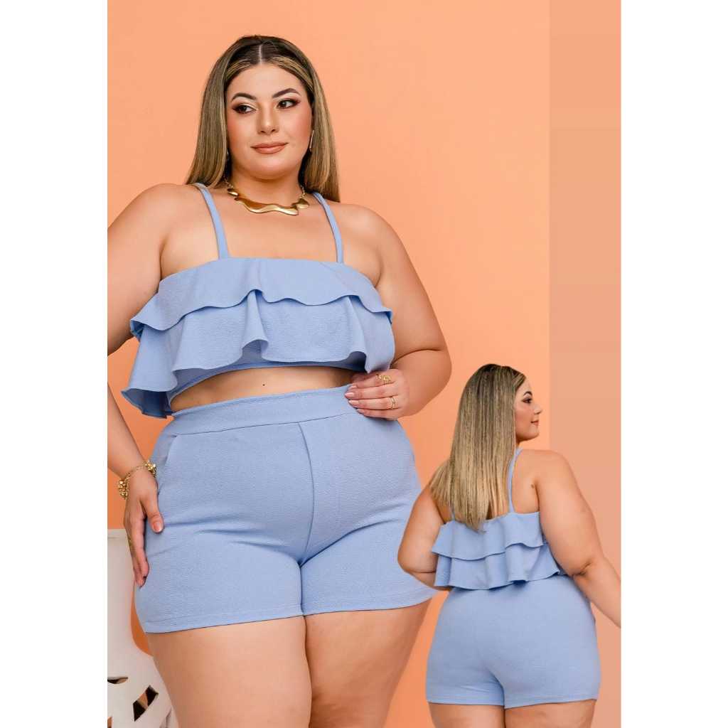 Conjunto Feminino Slim e Plus Size Cropped Babado