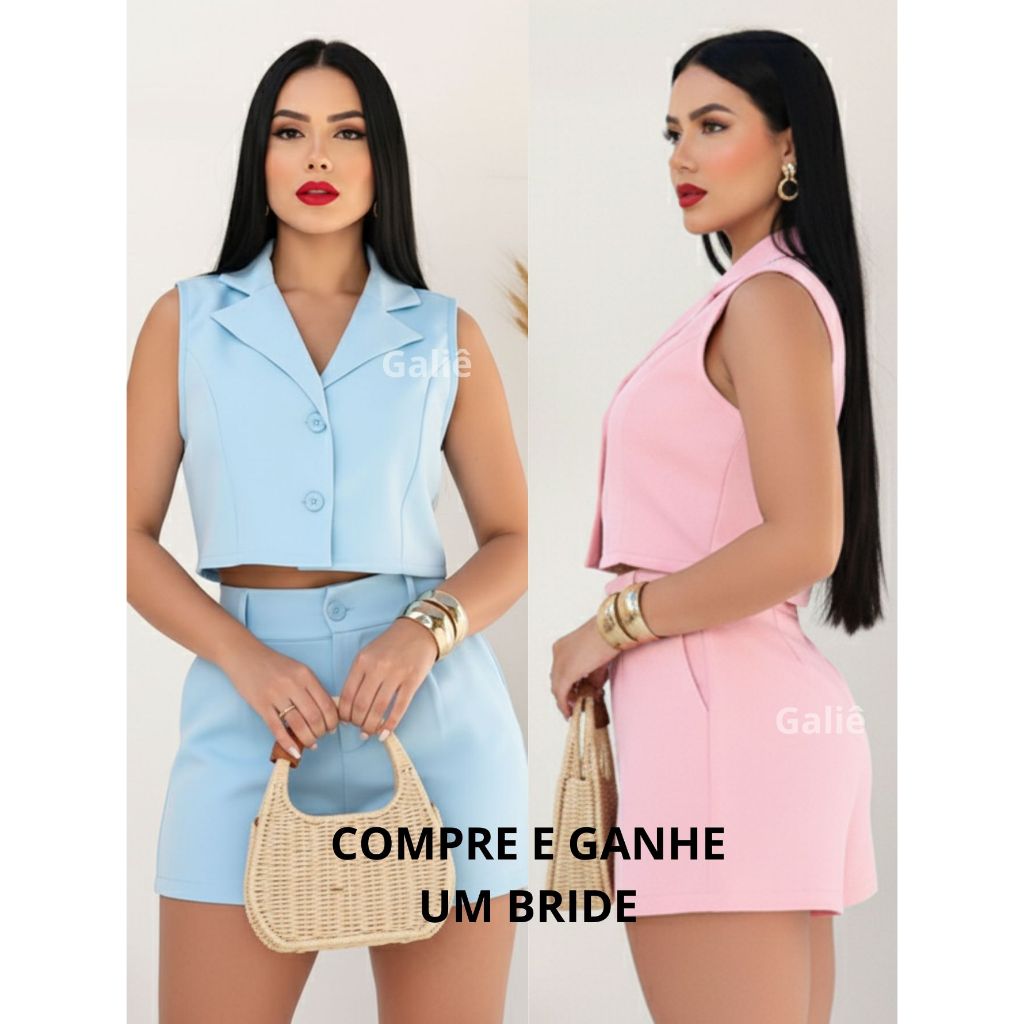 Conjunto Feminino Elegante  Alfaiataria Short e Cropped Colete com Colarinho Verão Casual