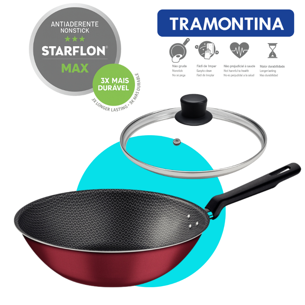 Frigideira Wok Tramontina Antiaderente 28cm 3,6L Com Tampa Funda Molhos Grelhados Sem Óleo Não Gruda