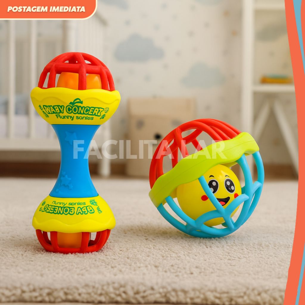 Kit Chocalho Mordedor Bebê em Silicone  Brinquedo Sensorial Educativo Colorido