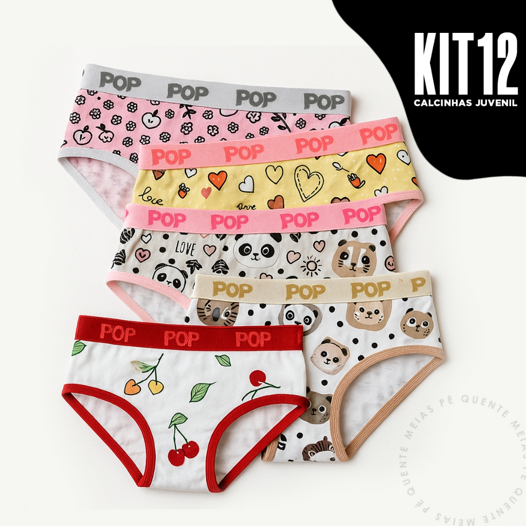 Kit Calcinhas Estampadas Infantil Juvenil POP 96% Algodão