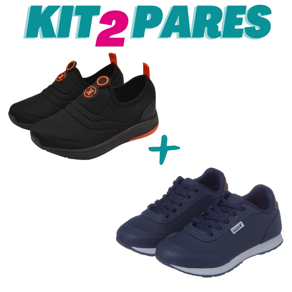 KIT 2 PARES Tenis Infantil Calce Facil Menino Preto Preto Laranja e Escolar Jogging Marinho Kidstep em Oferta na Shopee