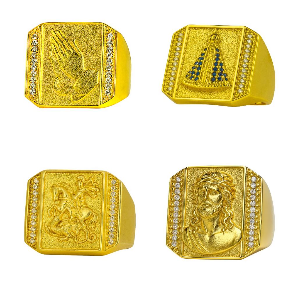 Dedeira Anel Moeda Antiga Cravejado Ouro 18k Masculino São Jorge Fé Jesus Cristo Nossa Senhora
