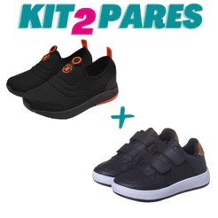 KIT 2 PARES Tenis Infantil Calce Facil Menino Preto Laranja e Casual Preto Kidstep