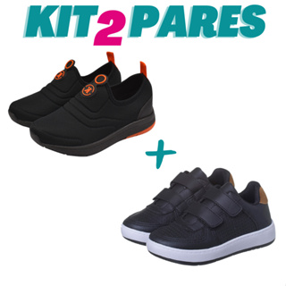 KIT 2 PARES Tenis Infantil Calce Facil Menino Preto Laranja e Casual Preto Kidstep em Oferta na Shopee