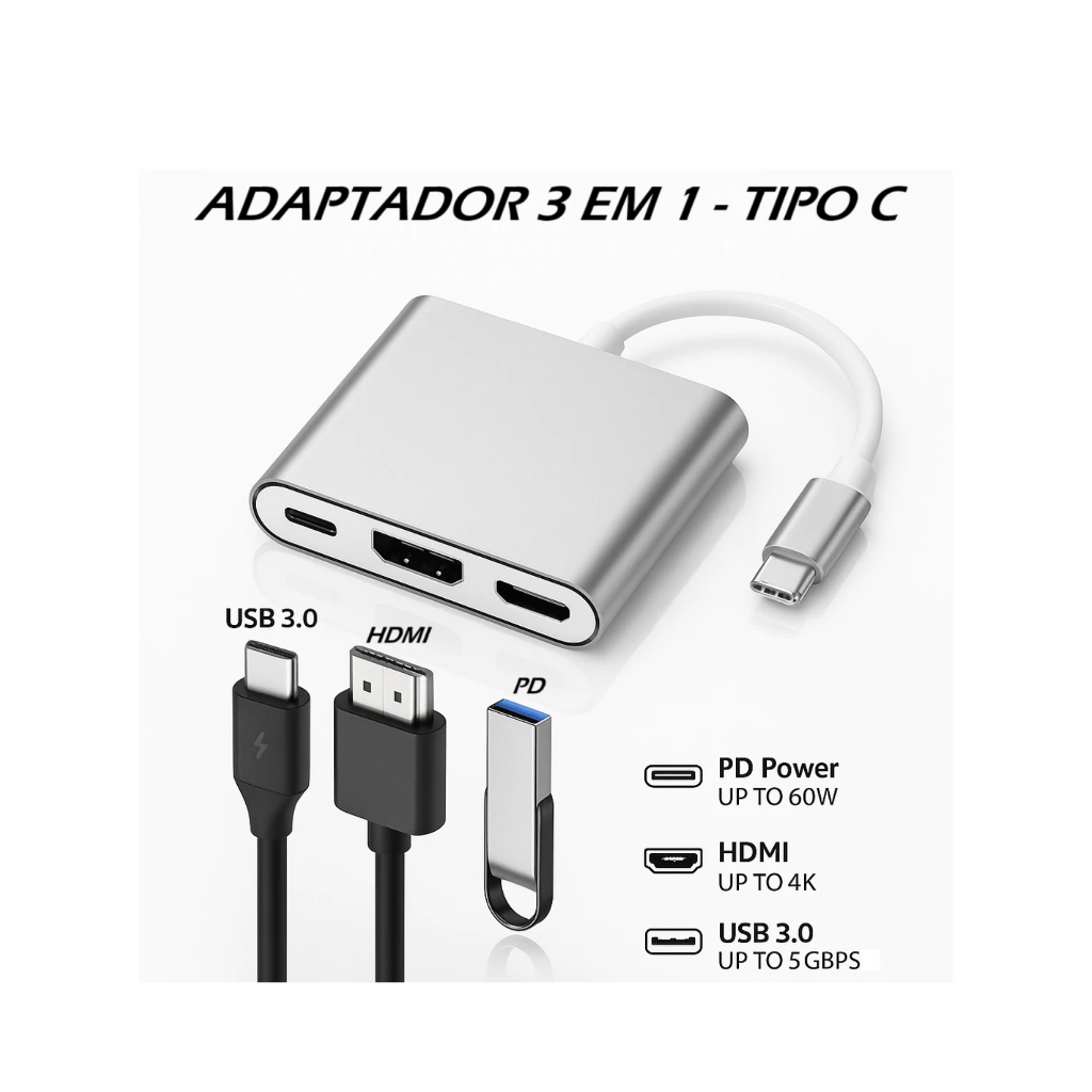 Adaptador 3 em 1 - Conversor Usb 3.0 Tipo C Para HDMI 4K