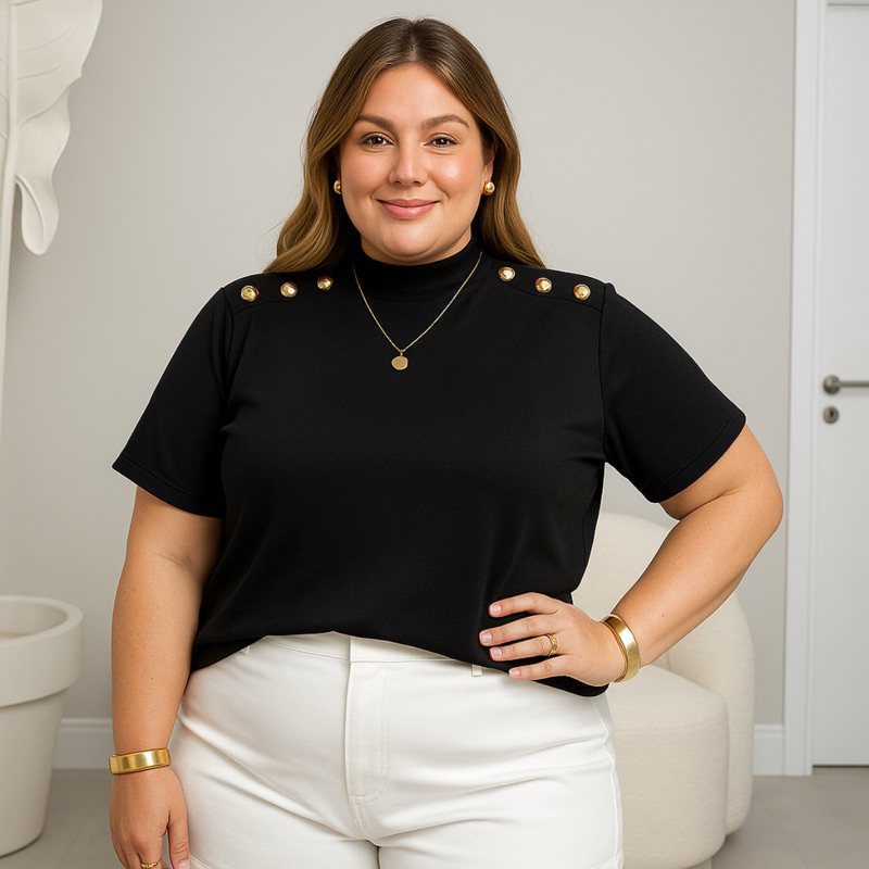 Blusa Feminina Plus Size Gola Alta Com Botões Dourados 100% Algodão Premium Veste G1 Ao G2 em Oferta na Shopee