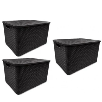 Kit com 3 Caixas Organizadoras Cesto Multiuso Rattan 20 Litros Com Tampa Preto Caixa Organizadora TOY 25598