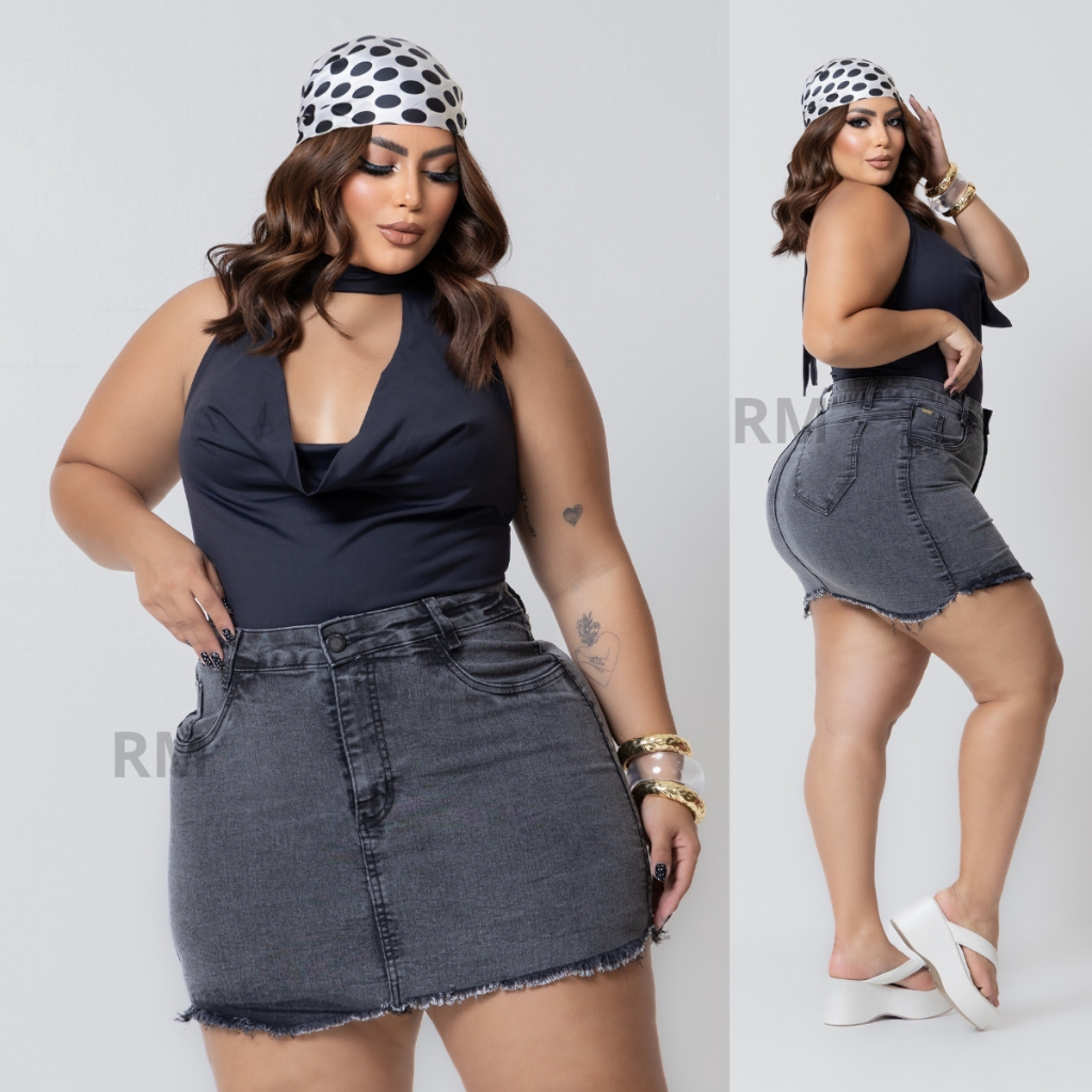 Saia Jeans Feminina Curta Plus Size Com Lycra Cintura Alta Jeans Feminino