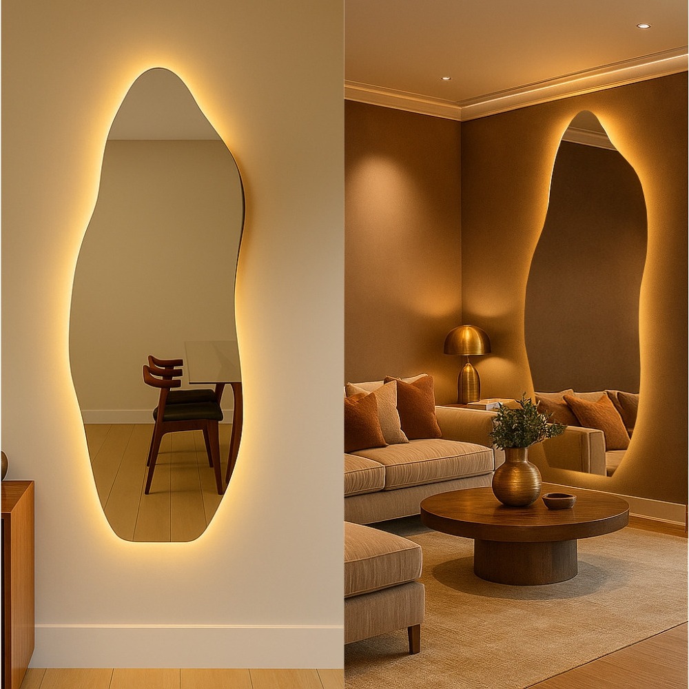 Espelho Grande Orgânico Flame Led Quente 3000K Neutro 4000k Frio 6000k Sem Moldura Corpo Inteiro Banheiro Hall Bivolt em Oferta na Shopee