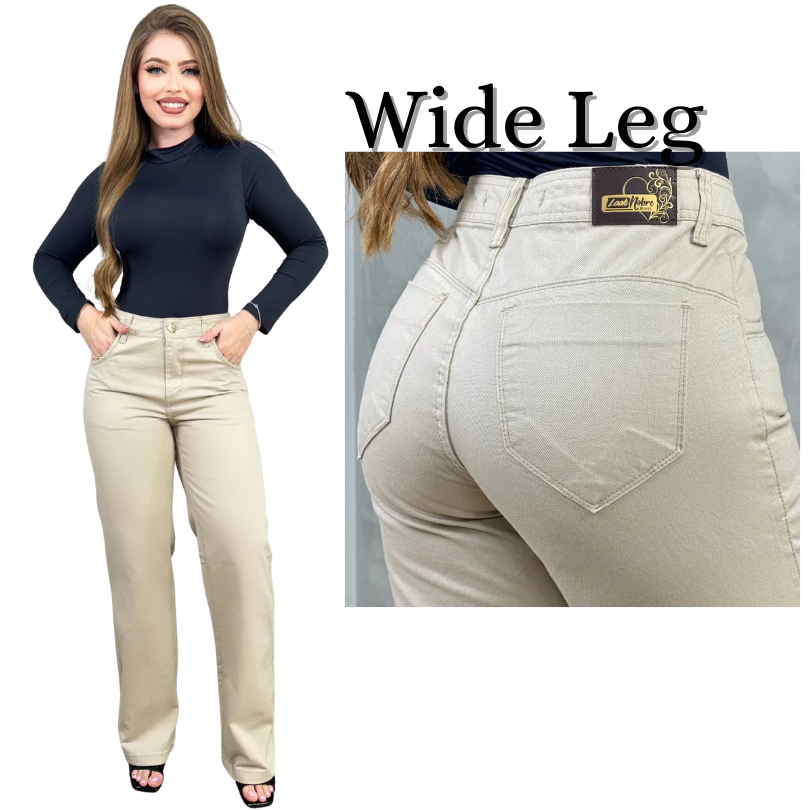 Calça Jeans Feminina Wide Leg Pantalona Cintura Alta Boca Larga Marmorizada Sem Lycra Soltinha Com Listras Laterais — imagem 1