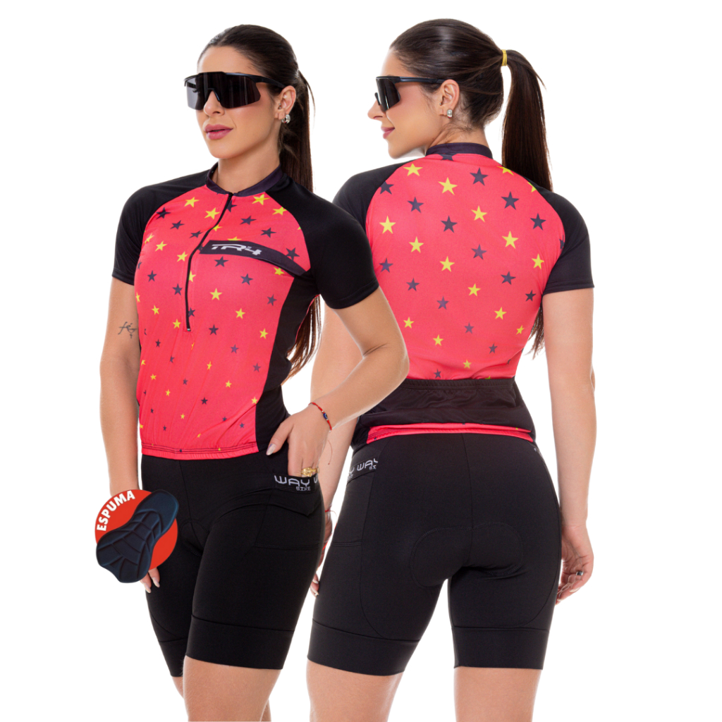 Conjunto Ciclismo Feminino Kit Bermuda e Camisa Rosa Estrelado Short Espuma Way Roupa Bike Pedal Mtb
