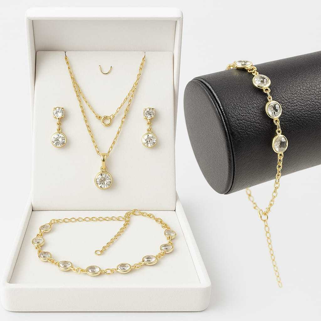 Colar Feminino Semijoia Corrente Veneziana Fina Com Pingente + Pulseira + Conjunto De Brincos Pedras