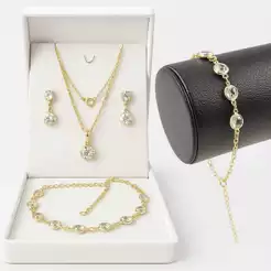 Colar Feminino Semijoia Corrente Veneziana Fina Com Pingente + Pulseira + Conjunto De Brincos Pedras