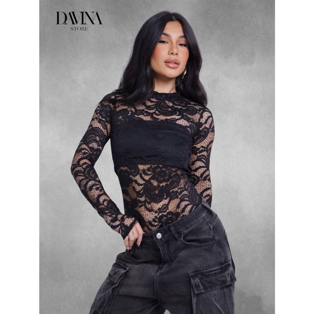 Body Feminino Manga Longa Renda Transparente Sexy Inverno Festa Look Noite em Oferta na Shopee