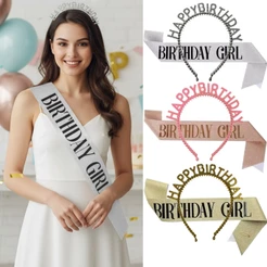 Kit Faixa e Tiara Feliz Aniversario Happy Birthday Girl Dourada Prata Rosa Festa Niver 15 Anos Debutante Aniversariante