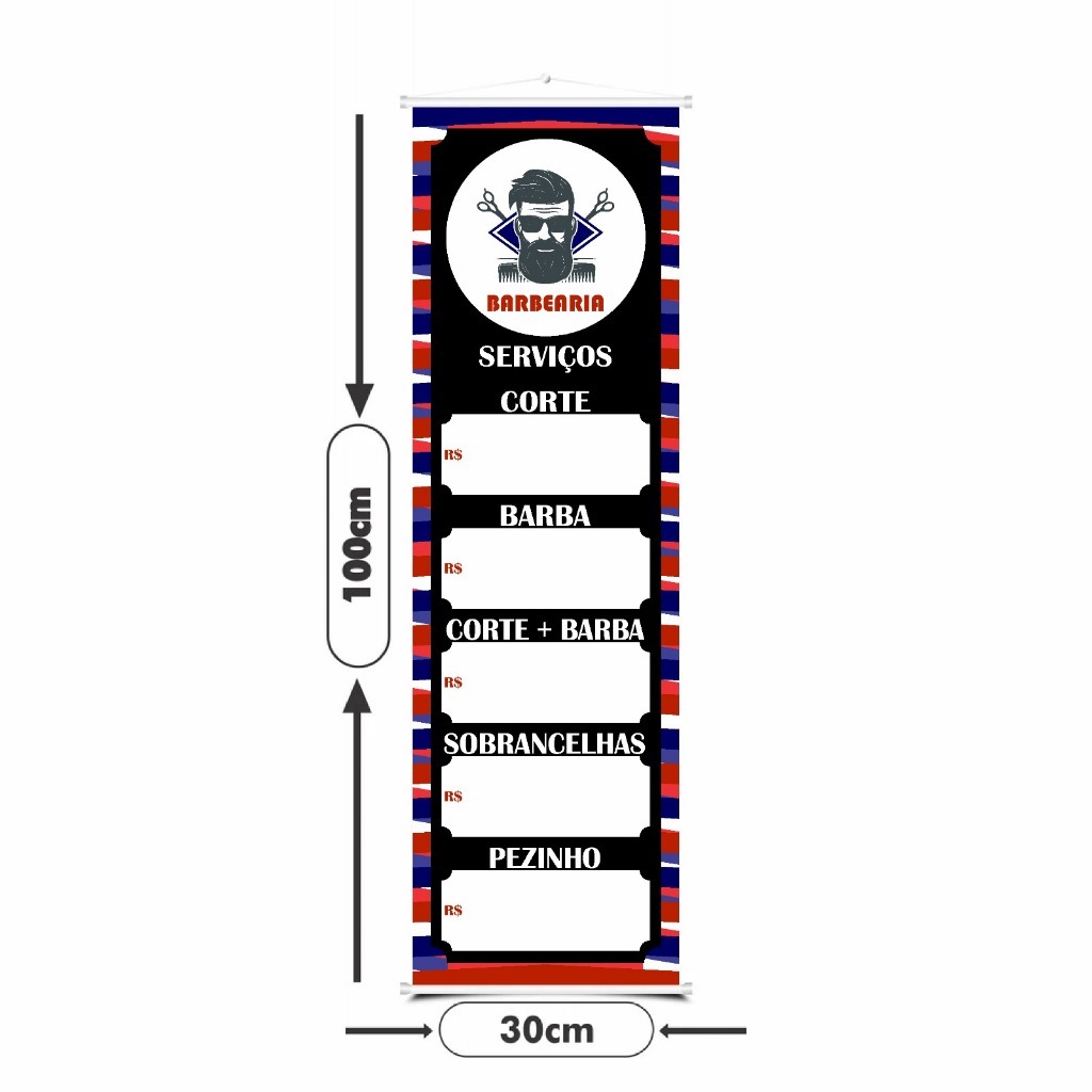Banner Barbearia em Lona 1.00x30cm – Faixa Decorativa com Serviços e Preços