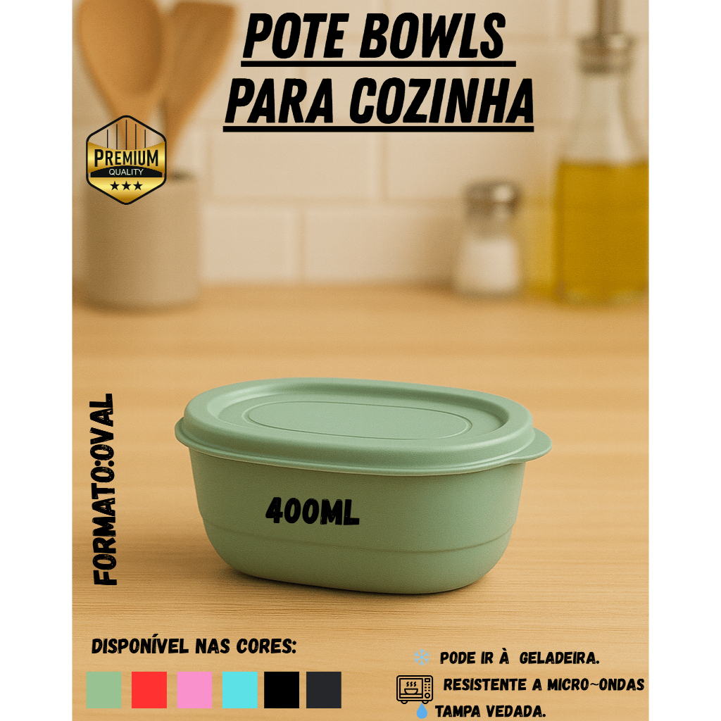 Pote Plástico Oval 400ml – Verde, Verde Claro, Preto, Azul Petróleo, Rosa e Vermelho em Oferta na Shopee