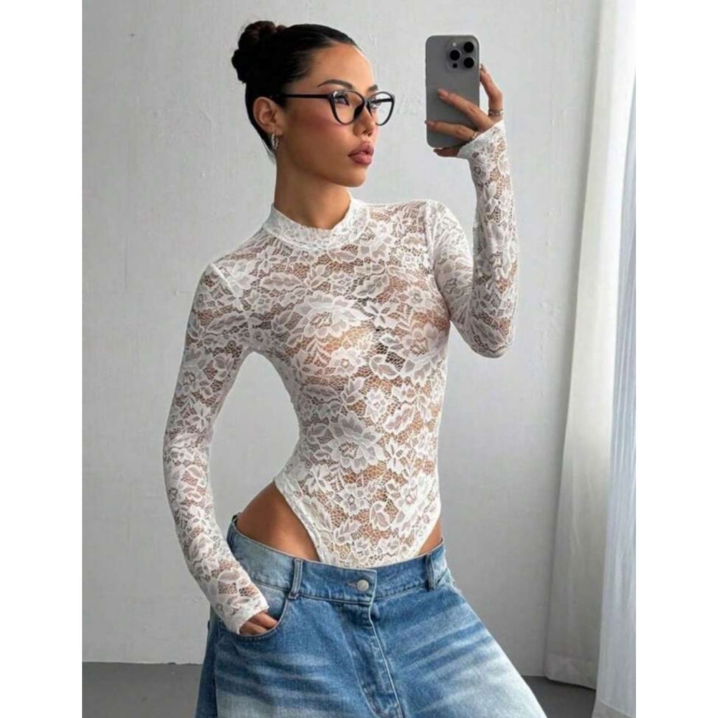 Body Feminino Manga Longa Renda Transparente Sexy Inverno Festa Look Noite