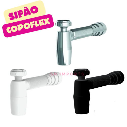 Sifão Copoflex para Pia Sanfonado Lavatório Branco Preto Cromado