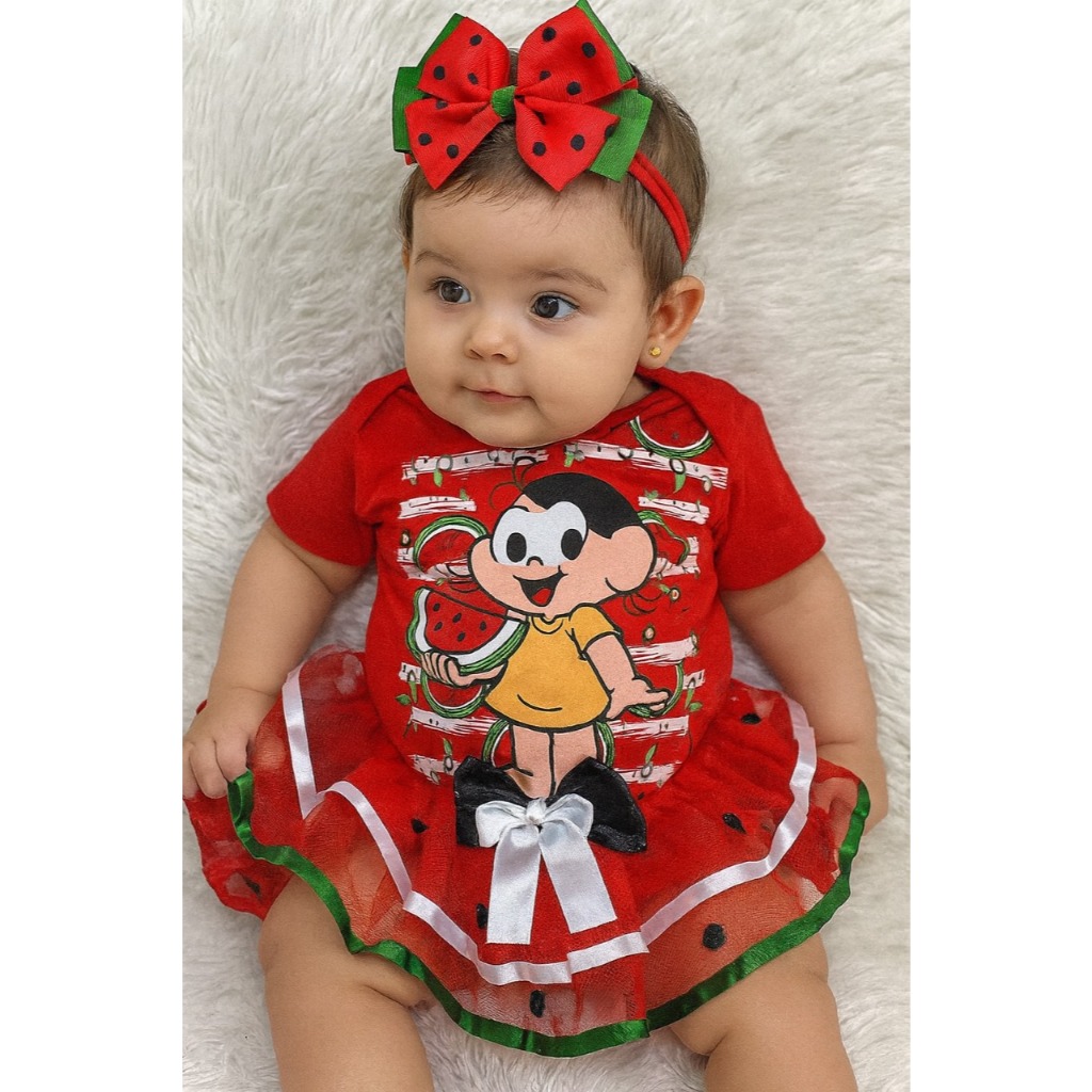 Kit Body bebê, Mesversário  temático Magali  melancia turma da Mônica body + saia de tule luxo + laço