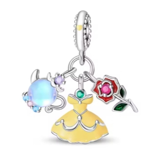 Berloque 100% prata 925 com por bule, vestido amarelo e rosa A Bela e a Fera (princesa Disney) 805
