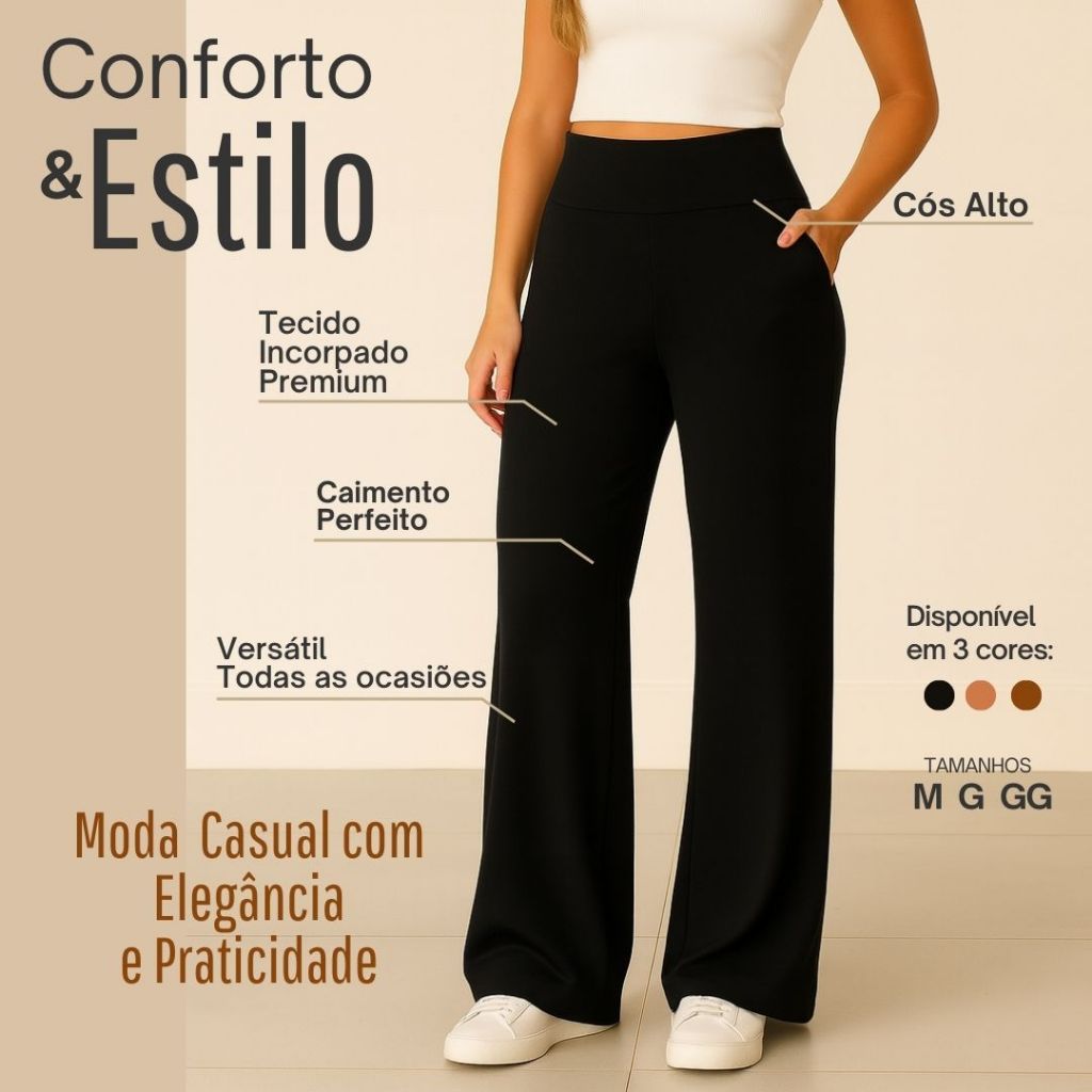 Calça Pantalona Moletinho Cintura Alta  Meia Estação com Bolso em Oferta na Shopee