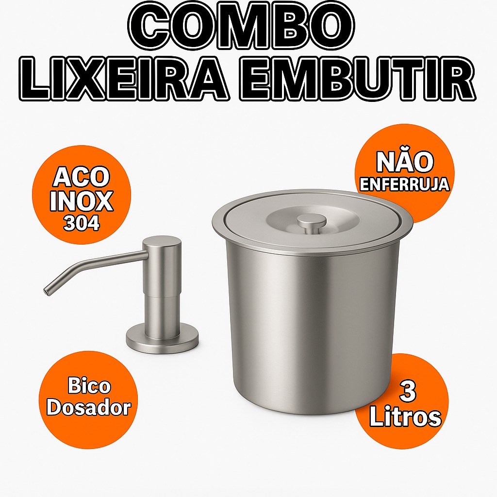 kit Dispenser Detergente Mais Lixeira Embutir Pia Granito Porta Sabonete Liquido Ambos Aço Inox em Oferta na Shopee