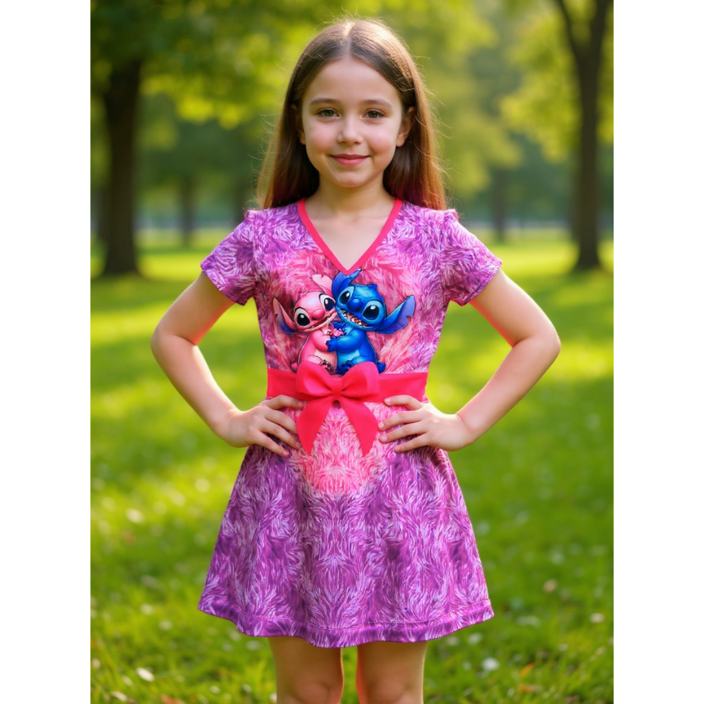 Vestido Infantil Menina Stitch Angel Rosa Roupa Fantasia Feminina Temática Angel Stitch Achadinhos