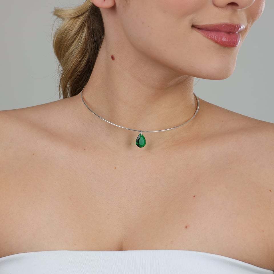 GARGANTILHA ARO DE PRATA 925 LEGÍTIMA COM PINGENTE GOTA EM CRISTAL LAPIDADO