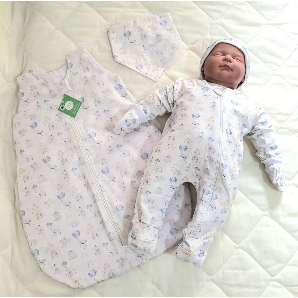 kit saco de dormir com macacão touquinha e luvas para bebê rescém nascido RN algodão