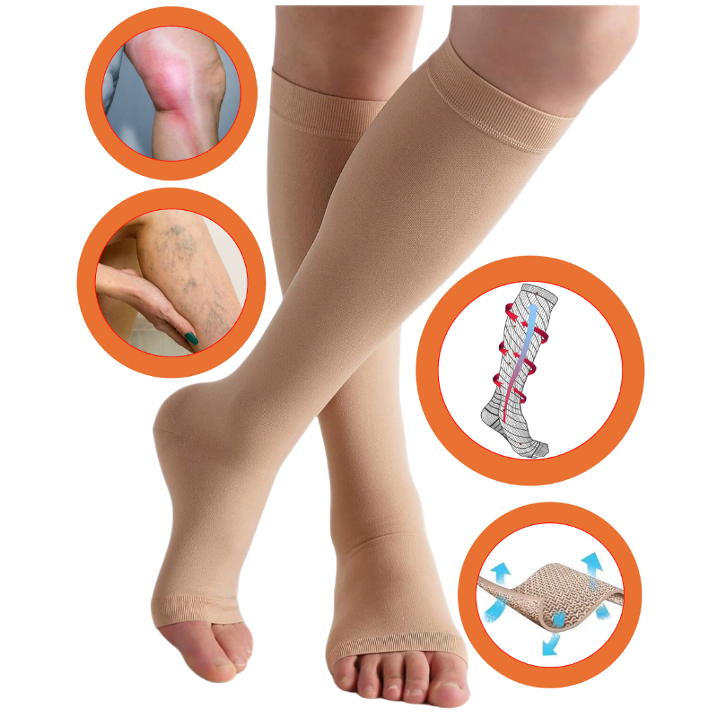 Meia 3/4 Média Compressão 20-30mmhg Pé Aberto Sem Ponteira em Oferta na Shopee