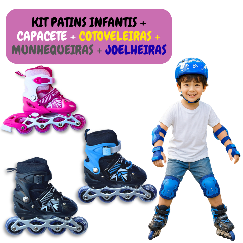 Kit Patins Roller Infantil Criança 4 Rodas Led 31 Ao 34 + Ajustável Com Proteção Menino Menina em Oferta na Shopee