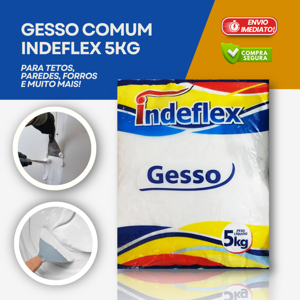 Gesso Pó 5kg Branco Indeflex Secagem Rápida Parede Artesanato Teto