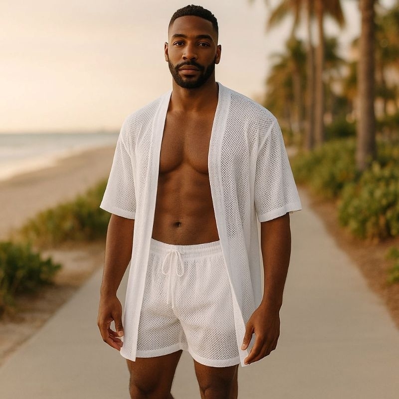 Conjunto masculino em tule kimono+ shorts em Oferta na Shopee