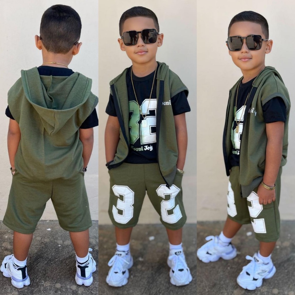 Conjunto Estiloso Infantil Masculino – Camiseta 100% Algodão + Colete e Bermuda Moletinho