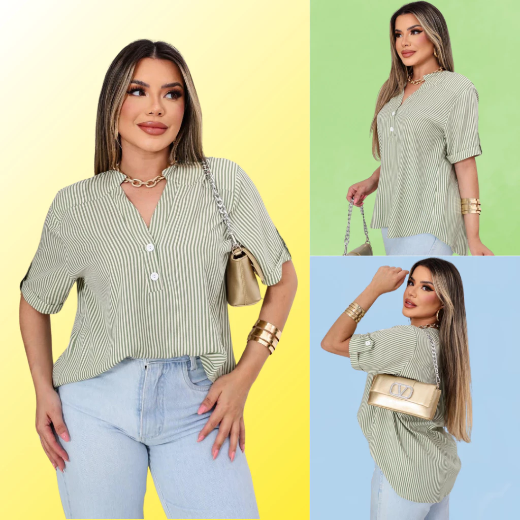 Blusa Camisa Feminina Listrada em Viscolinho Tendencia Elegante Casual — imagem 1